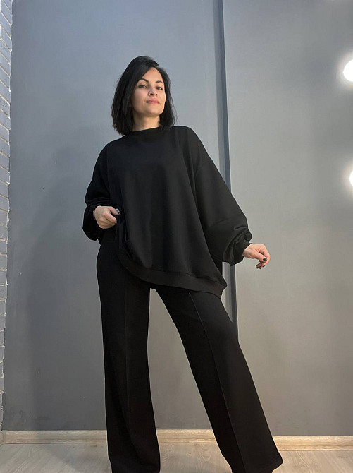 Костюм жіночий MY CITY 3044-8286 світшот широкий оверсайз та брюки палаццо зі стрілкою, чорний, L Одеса - фото 1