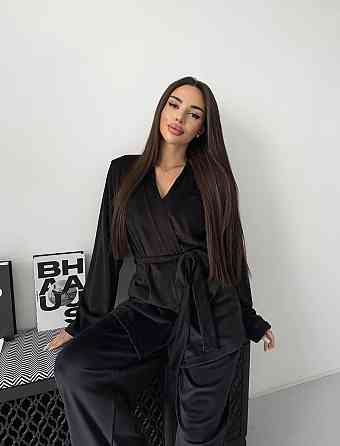 Жіночий стильний домашній костюм штани палаццо + кімоно, велюр Чорний, 46/48 Одеса