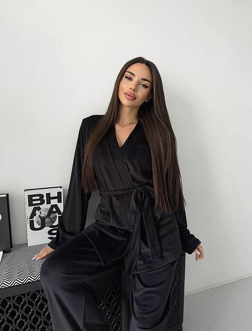 Жіночий стильний домашній костюм штани палаццо + кімоно, велюр Чорний, 46/48 Одеса - фото 2
