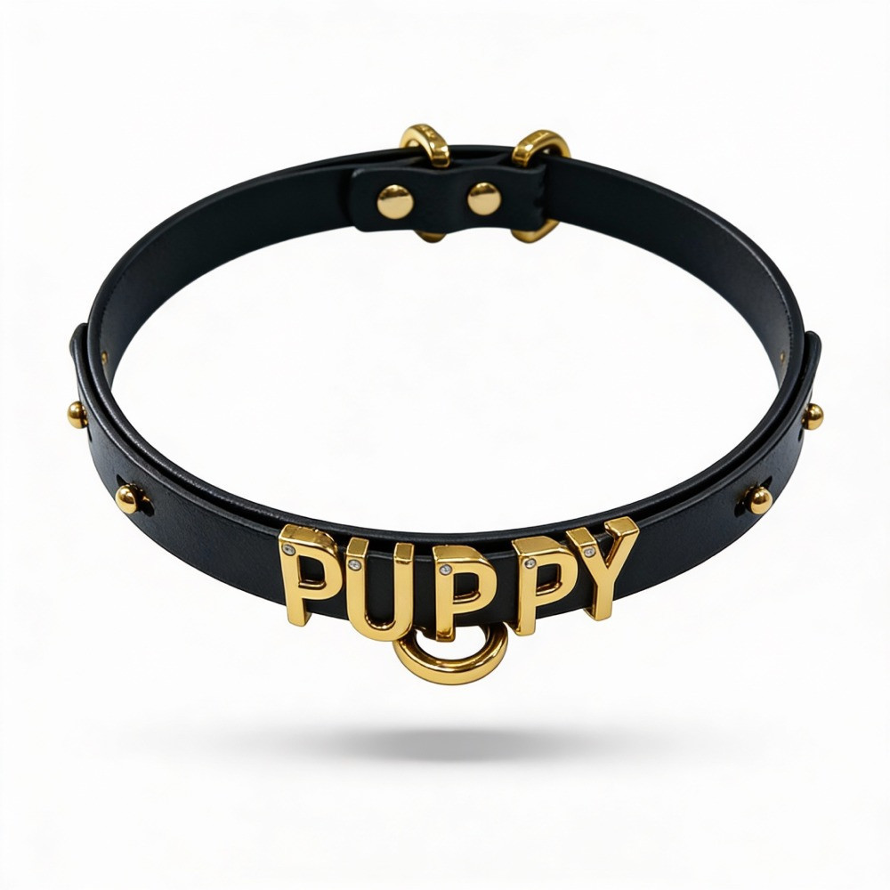 Чокер з написом PUPPY від UPKO з італійської шкіри, чорний із золотою фурнітурою Sex Aura Київ - фото 3