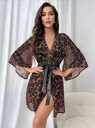 Халат с поясом женский прозрачный короткий леопардовый Киев