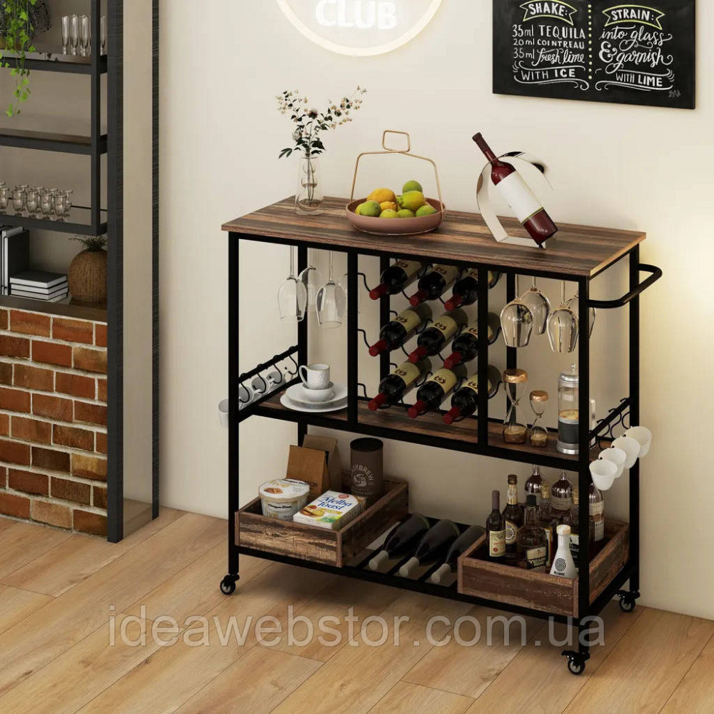 Сервірувальний столик візка Costway WineCart на колесах з винною стійкою для 9 пляшок і 8 келихів ящиками лофт коричневий Київ - фото 9
