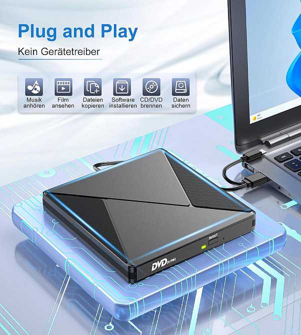 Внешний оптический привод Umaniy USB3.2 (USB-C) черный DVD±RW/CD±RW 24x CD 8x DVD Plug and Play для ноутбука и Киев - изображение 7