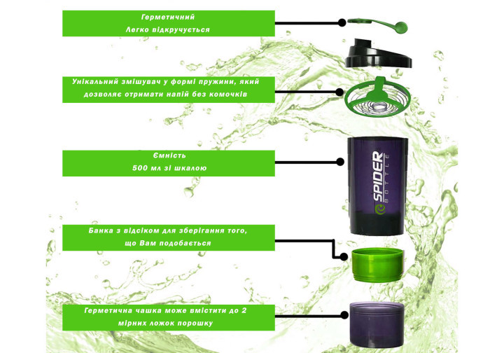 Шейкер спортивний EasyFit Spider 0,5 л Чорно-зелений Коломия - фото 4