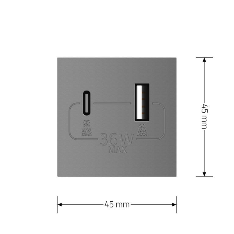 Розетка LIVOLO USB-A + USB-C PD 36Вт, сіра, швидке заряджання, Power Delivery QC 3.0, модуль (VL-FCUA18W.UC18W-2IP) Коломыя - изображение 8
