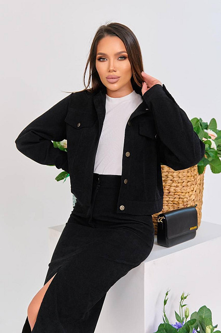 Женский стильный костюм двойка: жакет и юбка микровельвет Черный, 42 Одесса - изображение 1
