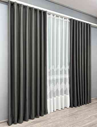 Комплект штор VR-Textil рогожка преміум TERRA LUXE 150х270 2шт і Тюль 400х270 1857ш-1704т Графітовий з білим 71-111/3 Київ