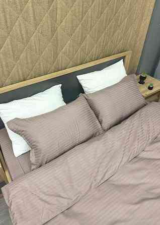 Комплект постільної білизни Страйп-сатин Євро 200х230 з простирадлом на резинці Сіро-бежевий (88-184) Київ