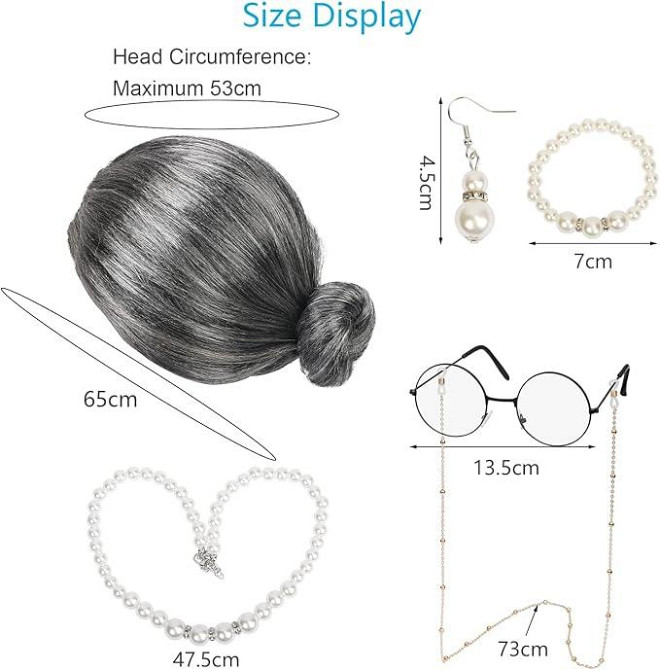 Парик седой бабушки с гулькой, комплект для образа старой леди с очками, бусами, серьгами для выступов косплея Киев - изображение 6