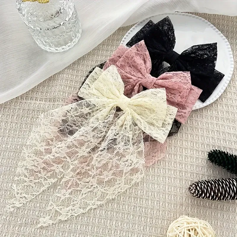 Набор 3 кружевных бантов для волос — черный/молочный/розовый, 16,5×29,5 см Киев - изображение 3