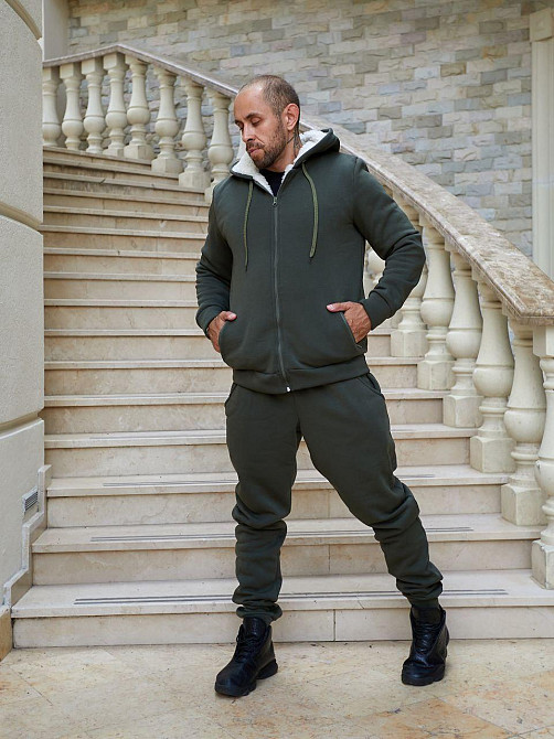 Мужской теплый костюм двойка трехнитка на флисе с мехом овчины Хаки, 56 Одесса - изображение 1