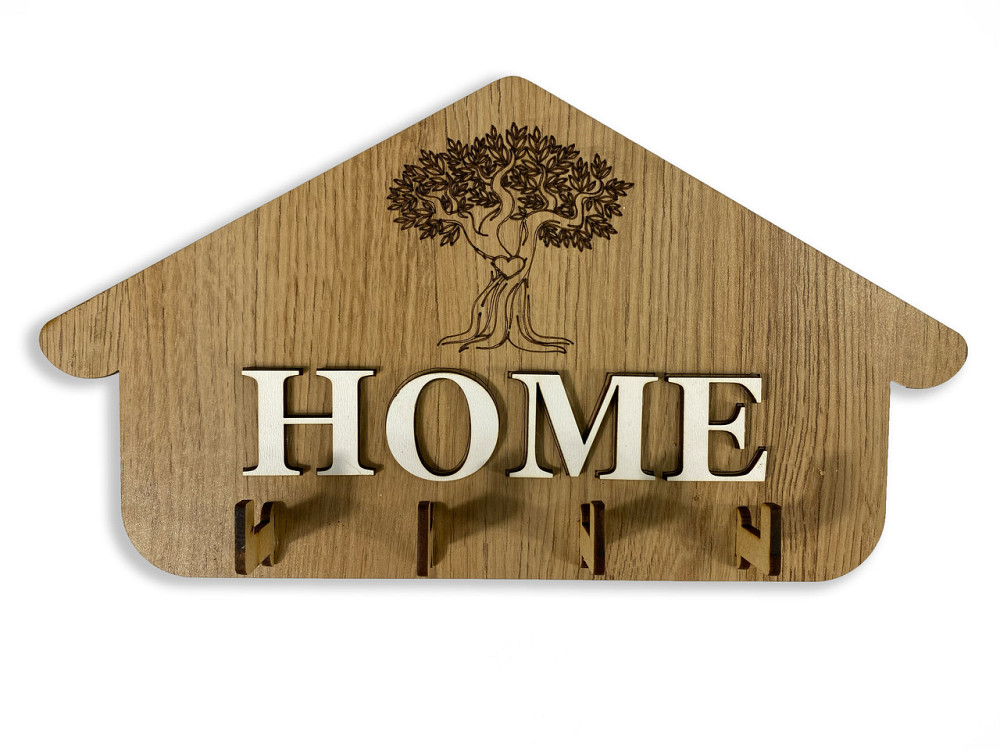 Навісний органайзер для ключів з натурального дерева HOME на 4 гачки з різьбленням 28х15 см, ключниця настінна Кам'янець-Подільський - фото 1