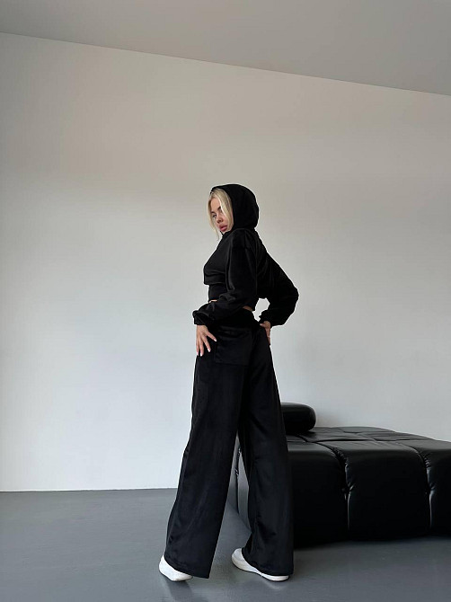 Жіночий стильний прогулянковий костюм-двійка: кофта та штани велюр-плюш Чорний, 42/46 Одеса - фото 3