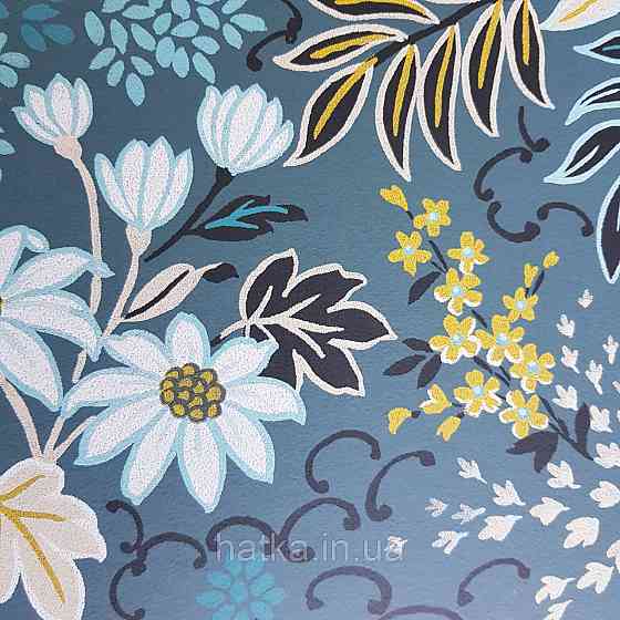 Обои флизелиновые эко Rasch Salisbury 0.53х10 цветы полевые листья голубые бирюзовые желтые черные на сером Киев