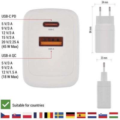 Зарядний пристрій EMOS V04G45 1xUSB-A + 1xUSB-C PD20W GaN (V04G45) Вінниця - фото 5
