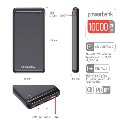 Павербанк 10000 mAh ColorWay CW-PB100LPG3BK-PD 18W QC+PD slim світлодіодний індикатор чорний Житомир - фото 9