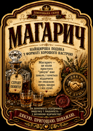 Етикетка на пляшку «Магарич» | подарункова етикетка подяки + контретикетка Одеса