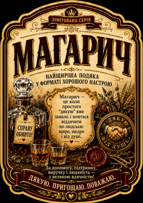 Етикетка на пляшку «Магарич» | подарункова етикетка подяки + контретикетка Одеса - фото 1