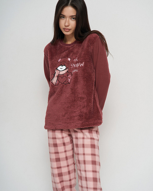 Піжама жіноча зі штанами Велюрсофт+Фліс — бордовий з ведмедем Lady Secret 94110 M Київ - фото 1