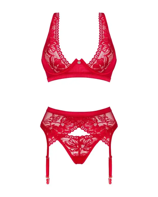 Комплект білизни Obsessive Lacelove cupless 3-pcs set M/L Red, бюстгальтер, стрінги, пояс для панчіх Львів - фото 3