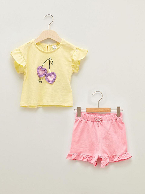 Дитячий Костюм Футболка (Жовта) з 3Д принтом Черешні та Шорти(Рожеві) для Дівчинки LC Waikiki 9-12міс (74-80см) Київ - фото 1