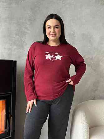 Піжама жіноча великого розміру штани та лонгслів батал PLUS SIZE з вишивкою зірки для дому та сну з довгими рукавами бордова 3XL Одеса