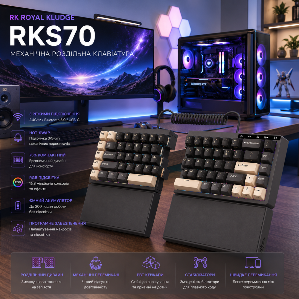 Механічна роздільна клавіатура RK ROYAL KLUDGE RKS70 RGB: Бездротова 2.4GHz/BT/USB-C, Hot-Swap, 75%, Чорна Київ - фото 12