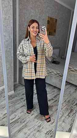 Женская оверсайз рубашка в клетку турецкая фланель Беж 2, 50/56 Одесса