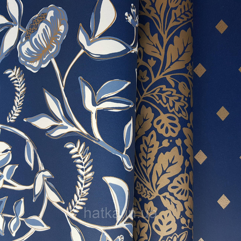 Шпалери вінілові на флізелін Caselio Mystery 0.53х10 м дитячі яскраві квіти листя білі блакитні на синьому тлі Київ - фото 2