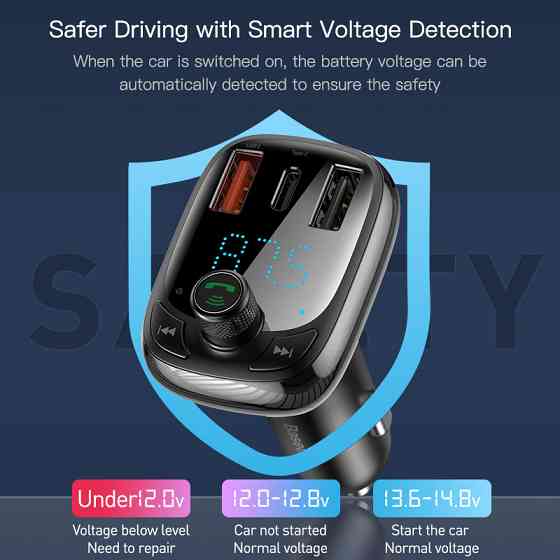 FM трансмітер модулятор Baseus S-13 Bluetooth 5.0 c функцією зарядки (Чорний, 2xUSB, 1xType-C) Николаев
