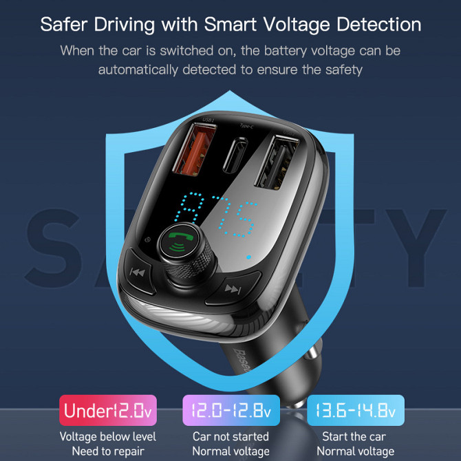 FM трансмітер модулятор Baseus S-13 Bluetooth 5.0 c функцією зарядки (Чорний, 2xUSB, 1xType-C) Николаев - изображение 6