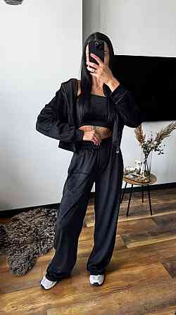 Женский плюшевый прогулочный костюм тройка: кофта топ и штаны велюр Черный, 44/46 Одесса
