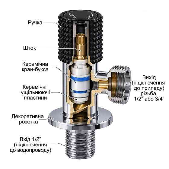 Кран кутовий кераміка SOLOMON EXCLUSIVE 1/2″X3/4″ 989 BLACK/CHROME ( 1шт.) Киев
