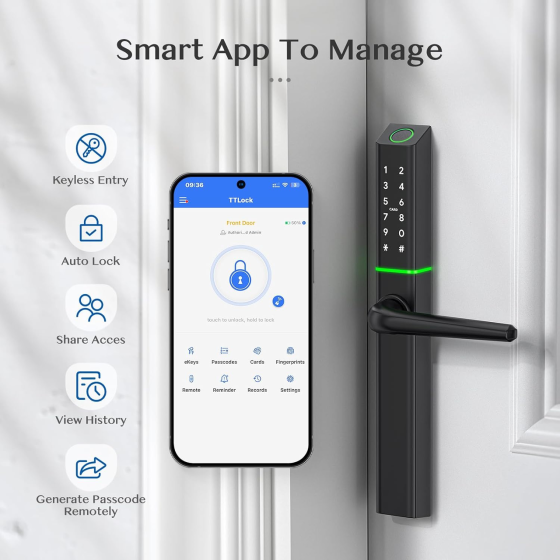 Розумний дверний замок Ruveno з ручкою, відбиток пальця, Bluetooth, PIN-код, NFC, Apple Watch, Alexa, всепогодний Київ