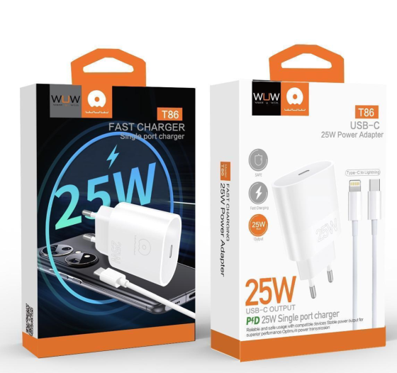 Мережевий зарядний пристрій з кабелем WUW-T86L PD 25W fast charger + USB C to lighting set Одеса