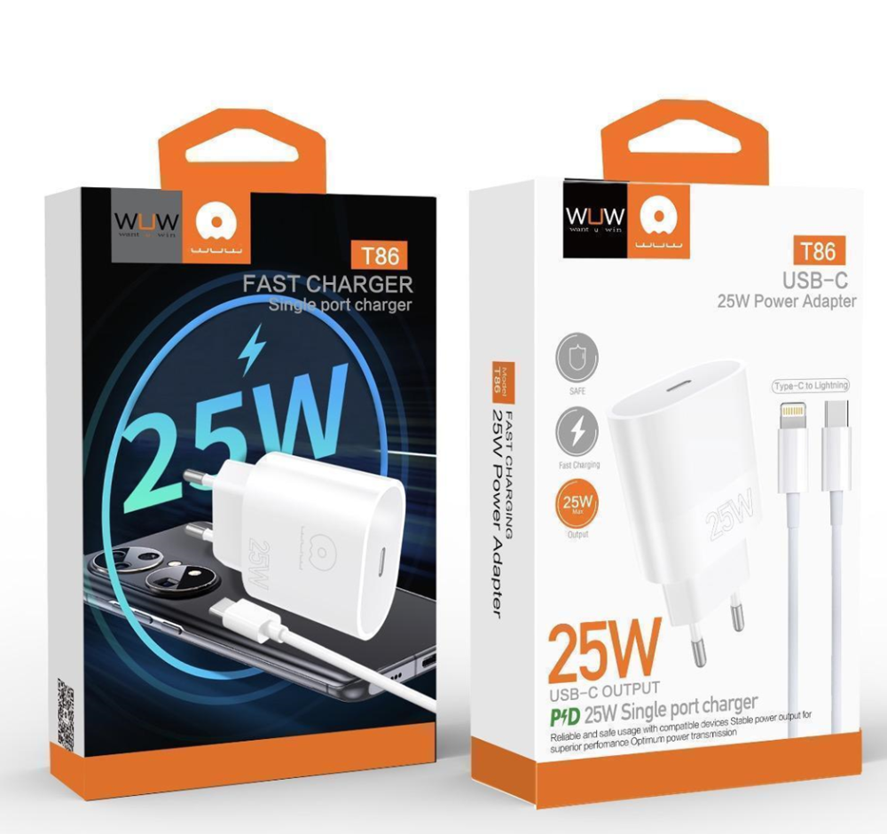 Мережевий зарядний пристрій з кабелем WUW-T86L PD 25W fast charger + USB C to lighting set Одеса - фото 2