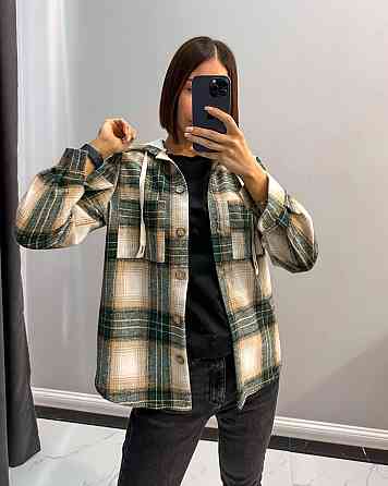 Женская повседневная рубашка в клетку на пуговицах с капюшоном коттон + трикотаж Зеленый, 44 Одесса