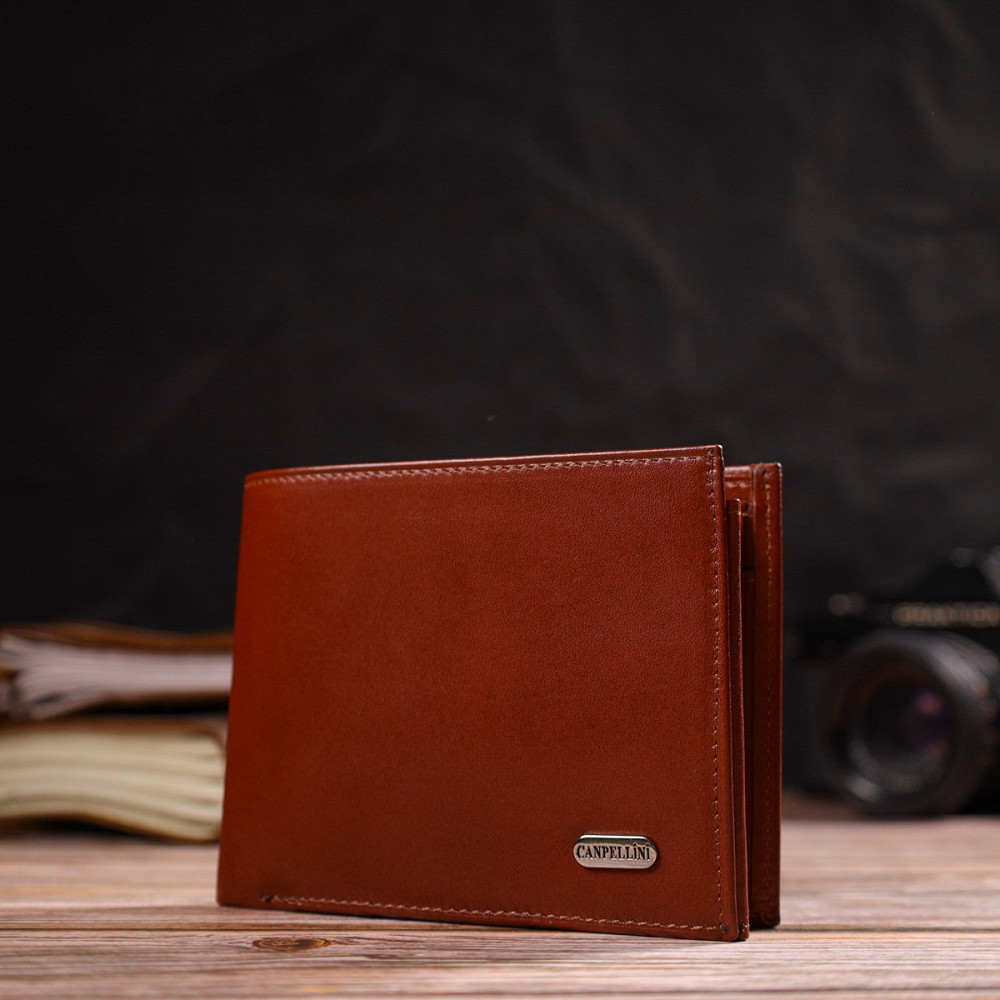 Надежный горизонтальный мужской бумажник среднего размера из натуральной гладкой кожи Коричневый (CANPELLINI) Киев - изображение 2