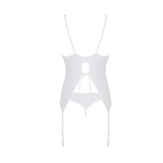 Корсет із пажами, трусики з ажурним декором та відкритим кроком Passion URSULA CORSET S/M, white Львов