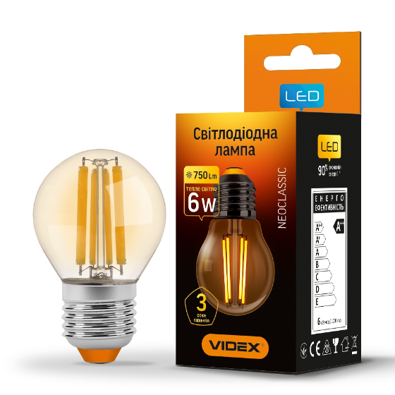 Лампа G45 6W E27 2200К 220V Filament A LED Videx Житомир