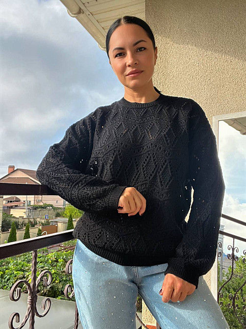 Свитер женский MIX RAY 6772 прозрачный оверсайз ажурная вязка сетка, черный, one size Киев - изображение 15