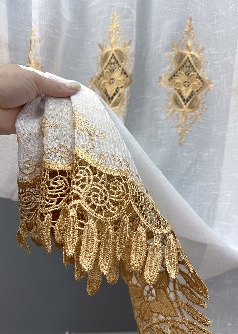 Тюль лен с кружевом цвет белый с золотистым 1803т Киев - изображение 4