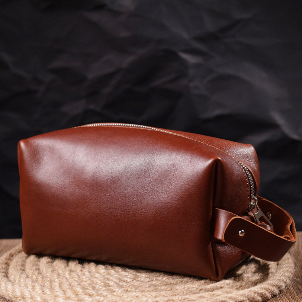 Чоловічий несесер великого розміру з гладкої шкіри на блискавці Світло-коричневий (GRANDE PELLE) Київ - фото 3