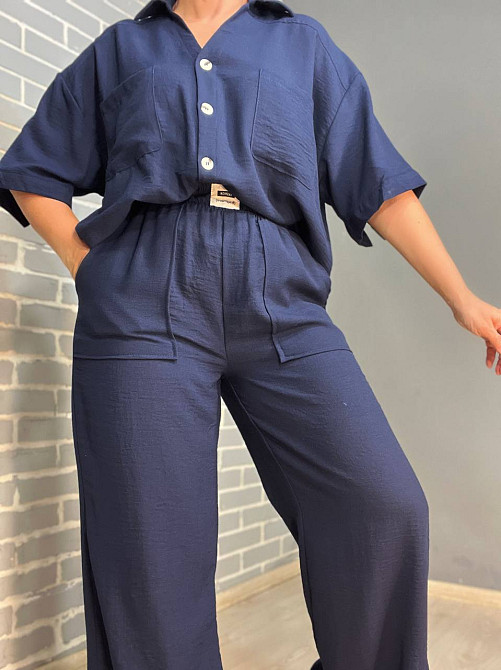 Костюм жіночий Mix Ray 4157 сорочка оверсайз брюки з розрізами по боках рівні від стегна темно синій, темно-синій, M Київ - фото 7