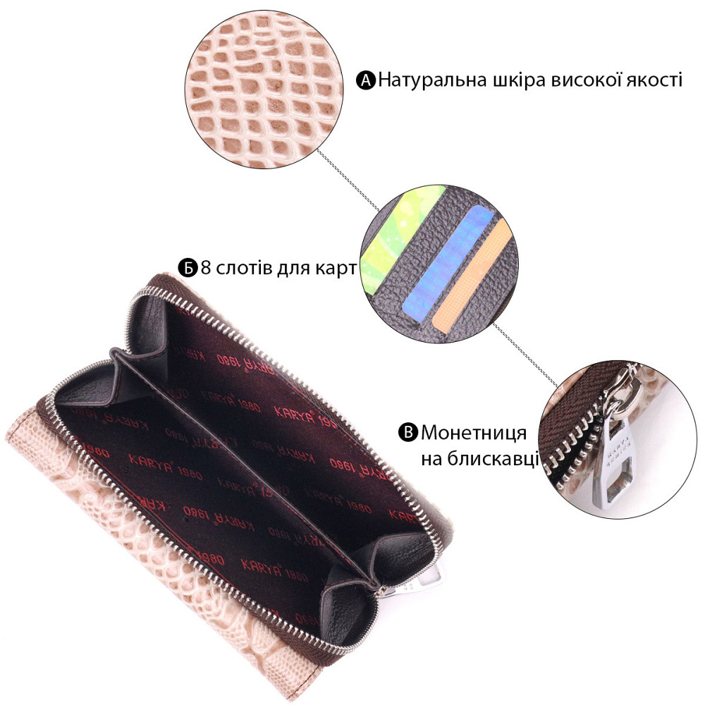 Превосходное женское портмоне из лакированной фактурной кожи Бежевый (KARYA) Киев - изображение 8