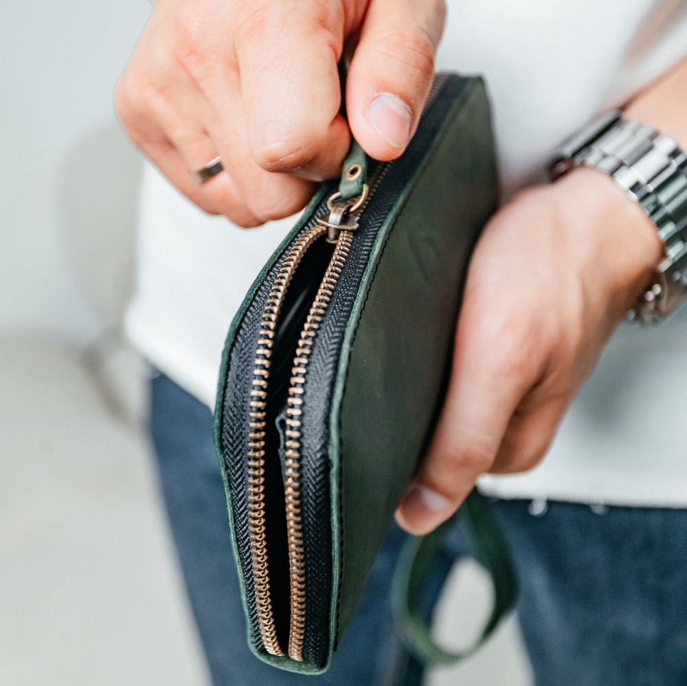 Чоловічий шкіряний гаманець, місткий гаманець із відділеннями на блискавці, Crazy Horse, зеленийMasterSem Київ - фото 5