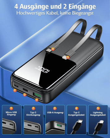 Повербанк CFIAI PB-08 26800 мАч, быстрая зарядка 22.5 Вт PD QC, 2 встроенных кабеля USB-C для iPhone, LCD-дисплей, черный Киев