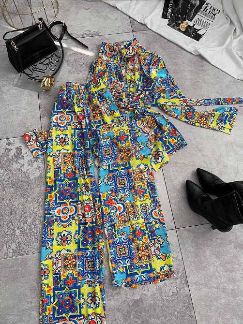 Женский легкий принтованный костюм двойка турецкий шелк Желтый, 46/48 Одесса - изображение 1