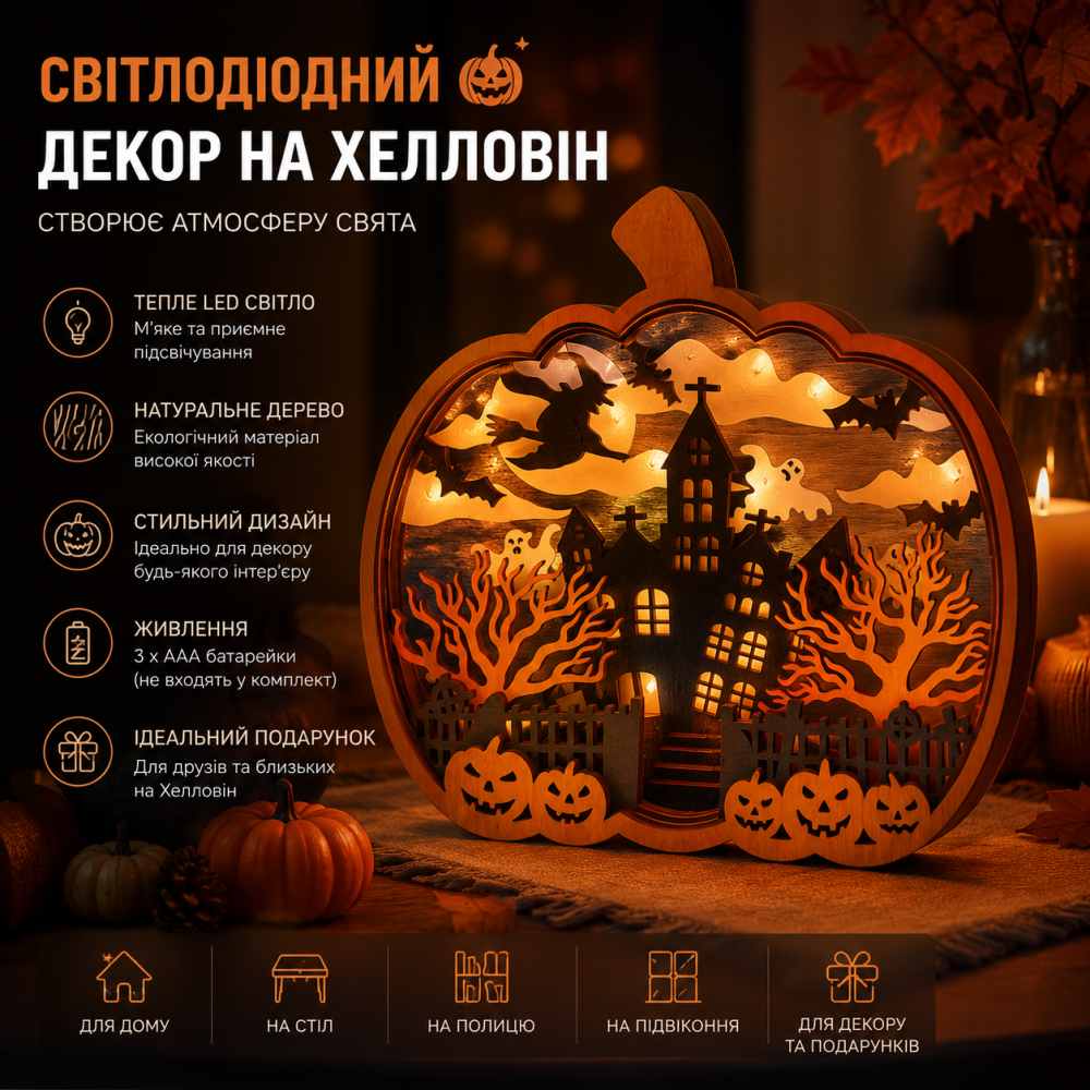 Світлодіодний дерев'яний декор Гарбуз на Хелловін LED, настільна прикраса з підсвічуванням, декоративний нічник Halloween Київ - фото 8