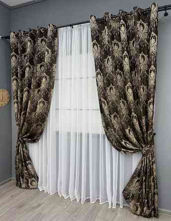Комплект штор на люверсах VR-Textil Парча № 1774ш Венге с бежевым 155х270 см 2 шт (37-0263) Киев